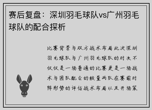 赛后复盘：深圳羽毛球队vs广州羽毛球队的配合探析